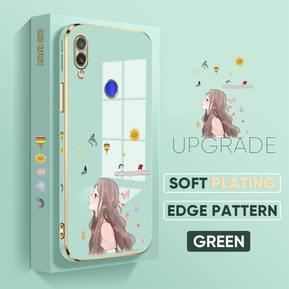 Jizetin (Free Lanyard) for Redmi Note 7 / Note 7 Pro Back Cover Butterfly Girl Luxury 6D Plating Case Side Pattern Soft Silicone Square Phone Cases