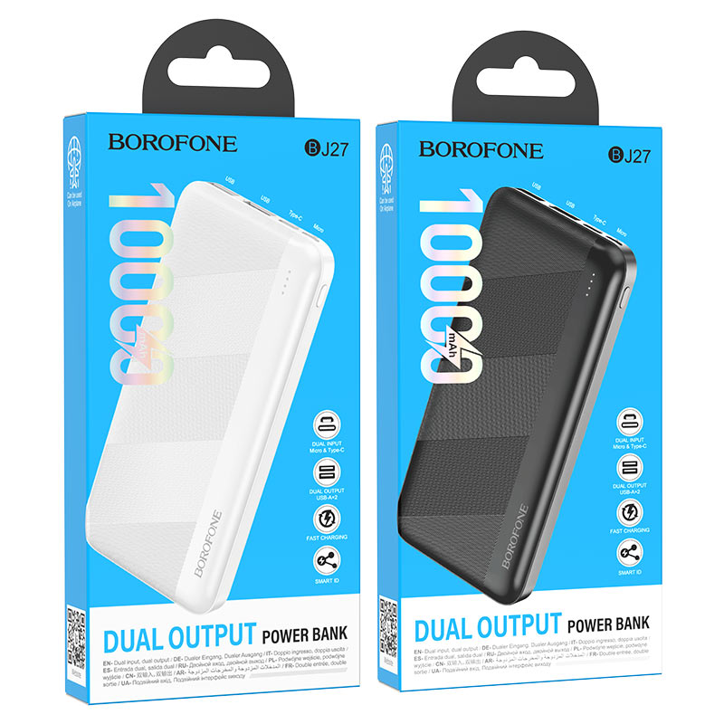 BOROFONE BJ27 Pindar, power bank 10000mAh, USB-C + Micro-USB input, dual USB 5V / 2.1A output, LED indicator.