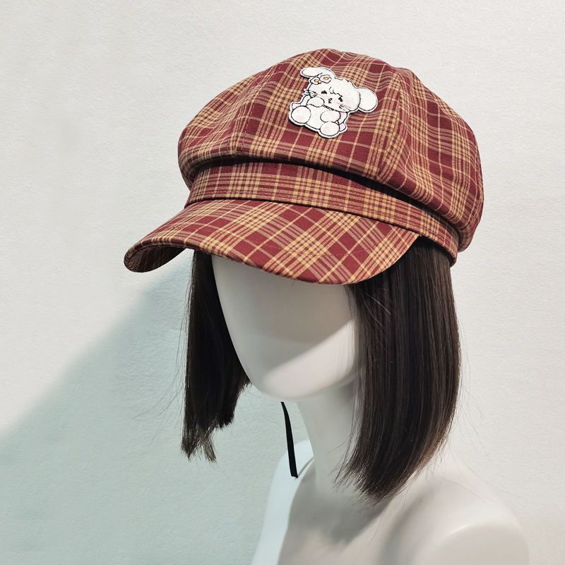 New explosive mikko kitten retro beret girl show face cute and versatile checked octagonal hat
