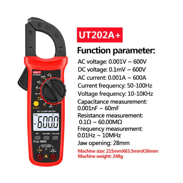 UNI-T UT202A+ True RMS Clamp Meter 600A Auto Range Multi Testers for Voltage Current Resistance Capacitance Testing UT202A+  Kings Trading. 