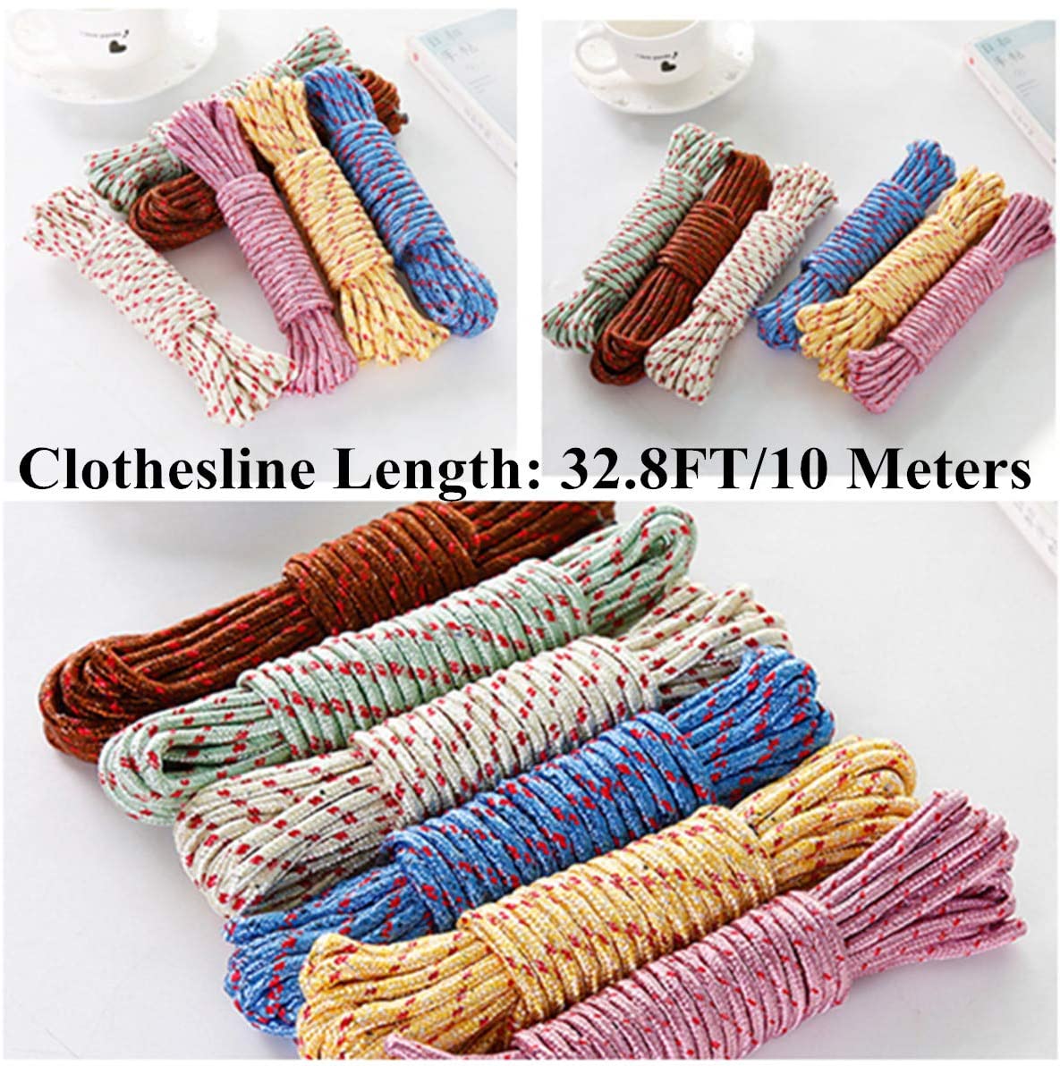 10M Heavy Duty Laundry Drying Clothesline Rope Portable Travel Nylon Cord Sturdy Clothes Line for Outdoor,Camping,Indoor,Crafting,Art Projects,Random Color