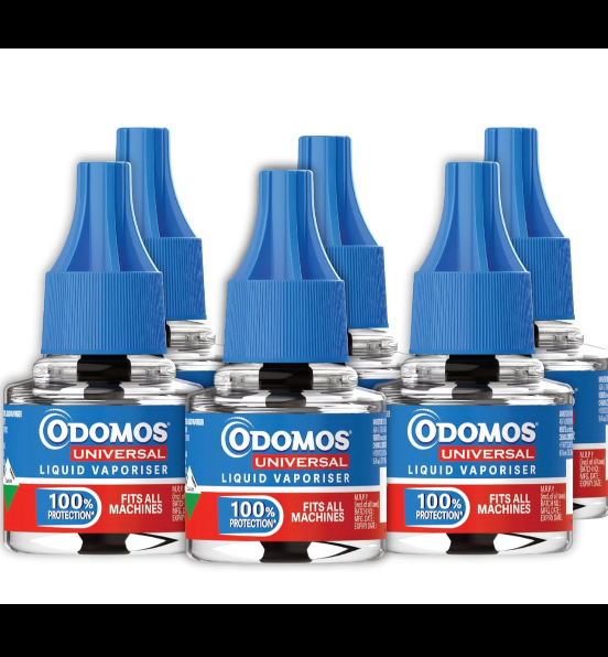 Odomos Universal Liquid Vaporiser – Pack of 6, 45mlx6 | Mosquito repellent Single Refill | 100% Protection| Fits all machines. 