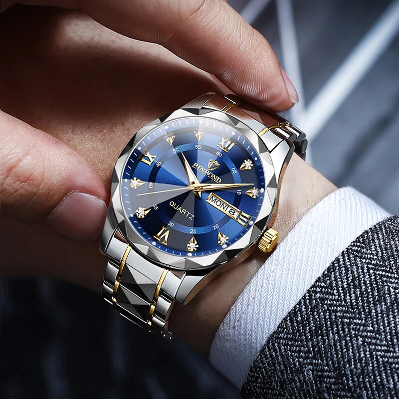 BINBOND Men Watch Stainless Steel Top Quailty Luxury Push Button Hidden Clasp Waterproof Luminous Date Week Sport Wrist Watches. 
