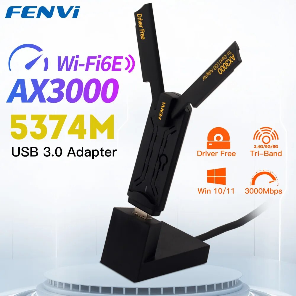 FENVI WiFi 6E AX3000 USB 3.0 WiFi Adapter 3000Mbps Tri-Band 2.4G/5G/6GHz Wireless Network Card WiFi6 Dongle Driver Free Win10/11. 