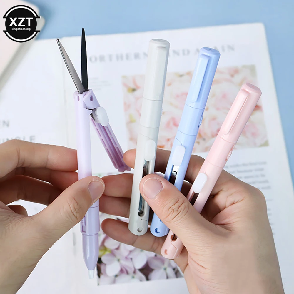 2-in-1 Mini Folding Scissors Pen Paper Cutter Portable Utility Stationary Tools for Paper Work Daily Student School Anti-cutter. 