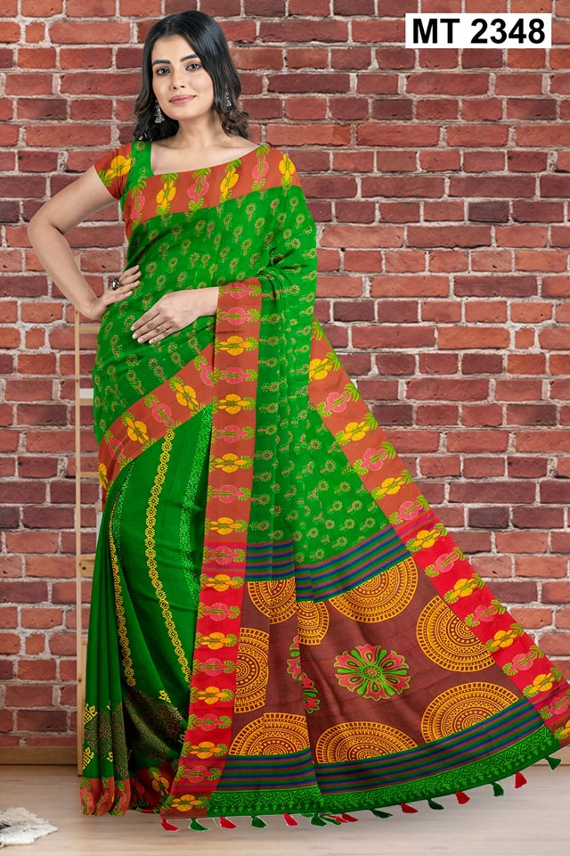 Traditional Half silk Block printed sari with running blouse pcs.. 