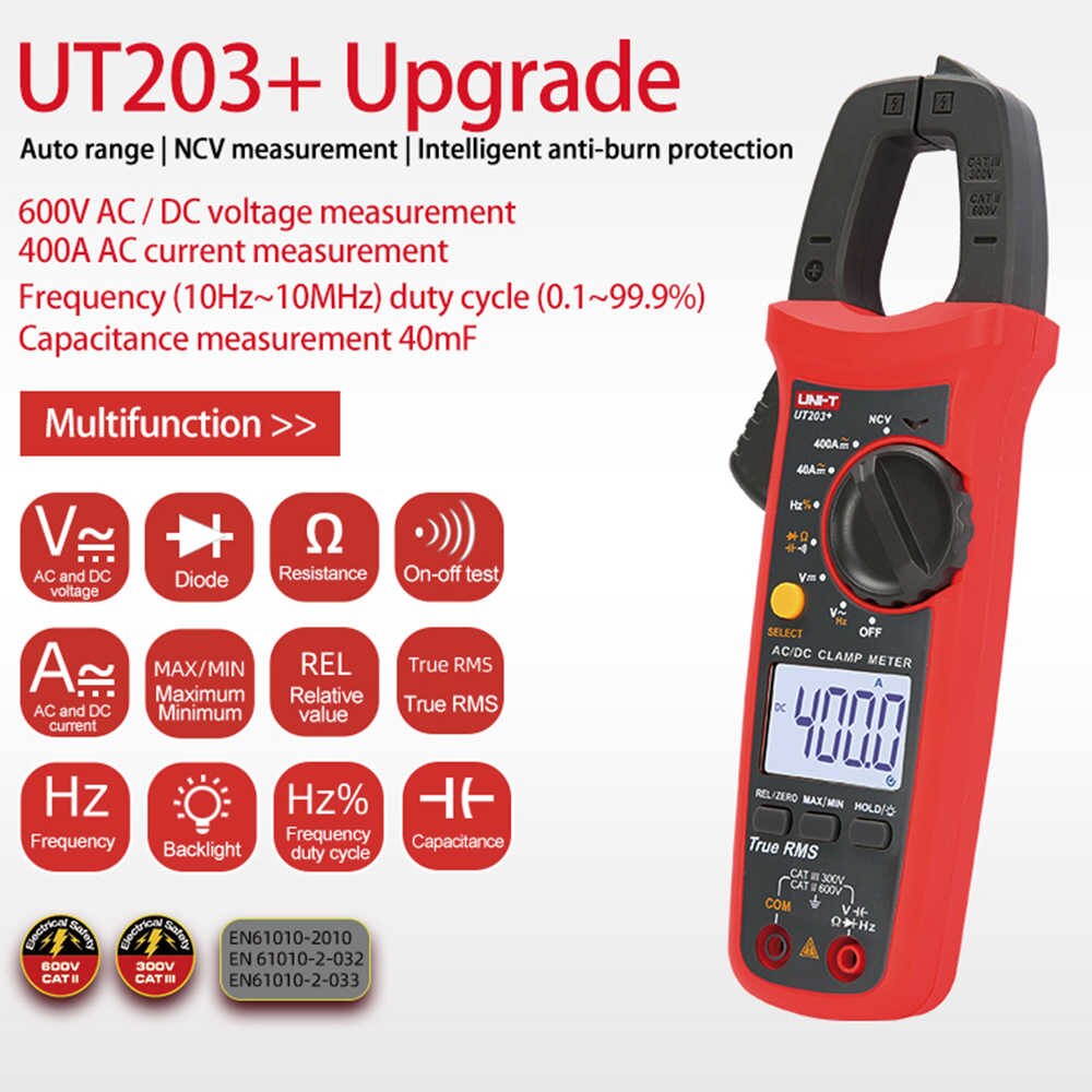 UNI-T UT203+ UT-203+ 400A AC DC Digital Clamp Meter Auto Range Ture RMS Handheld Clamp Digital Multimeter Tester Volt Ohm Meter. 