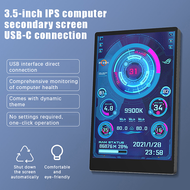 New 3.5 Inch IPS TYPE-C Secondary Screen Computer CPU GPU RAM HDD MonitorUSB Display For Freely AIDA64. 