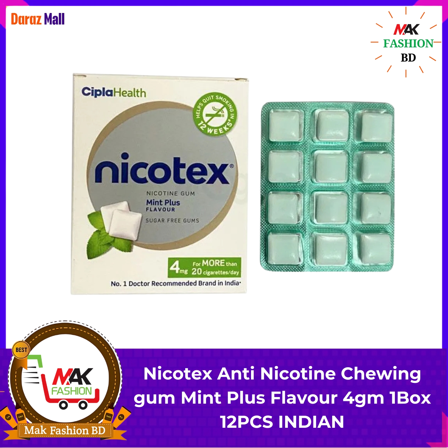 Nicotex Anti Nicotine Chewing gum Mint Plus Flavour 4mg 1Box 12pcs INDIAN