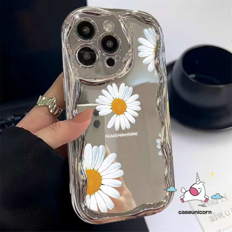 Art Retro Painting Cartoon Little Daisy Flowers Case Compatible for IPhone 15 13 14 11 12 Pro Max XR 7 6s 15 6 8 Plus X XS Max SE2020 Luxury Mirror 3D Wavy Curved Edge Plating Case. 