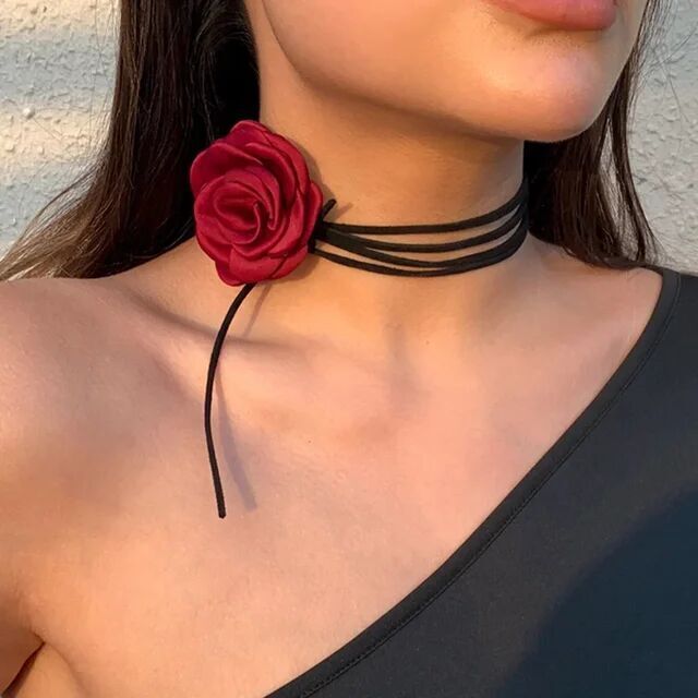 Romantic Gothic Big Rose Flower Clavicle Chain Necklace for Women Ladies Korean Fashion Adjustable Rope Choker Y2K_voghion.com
