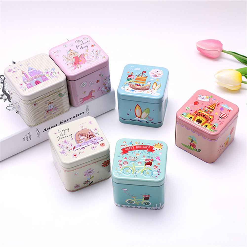 Square shape Cartoon tin box Cute Various colors Miniature design Mini storage can Small size Tin material Colorful jewelry box. 