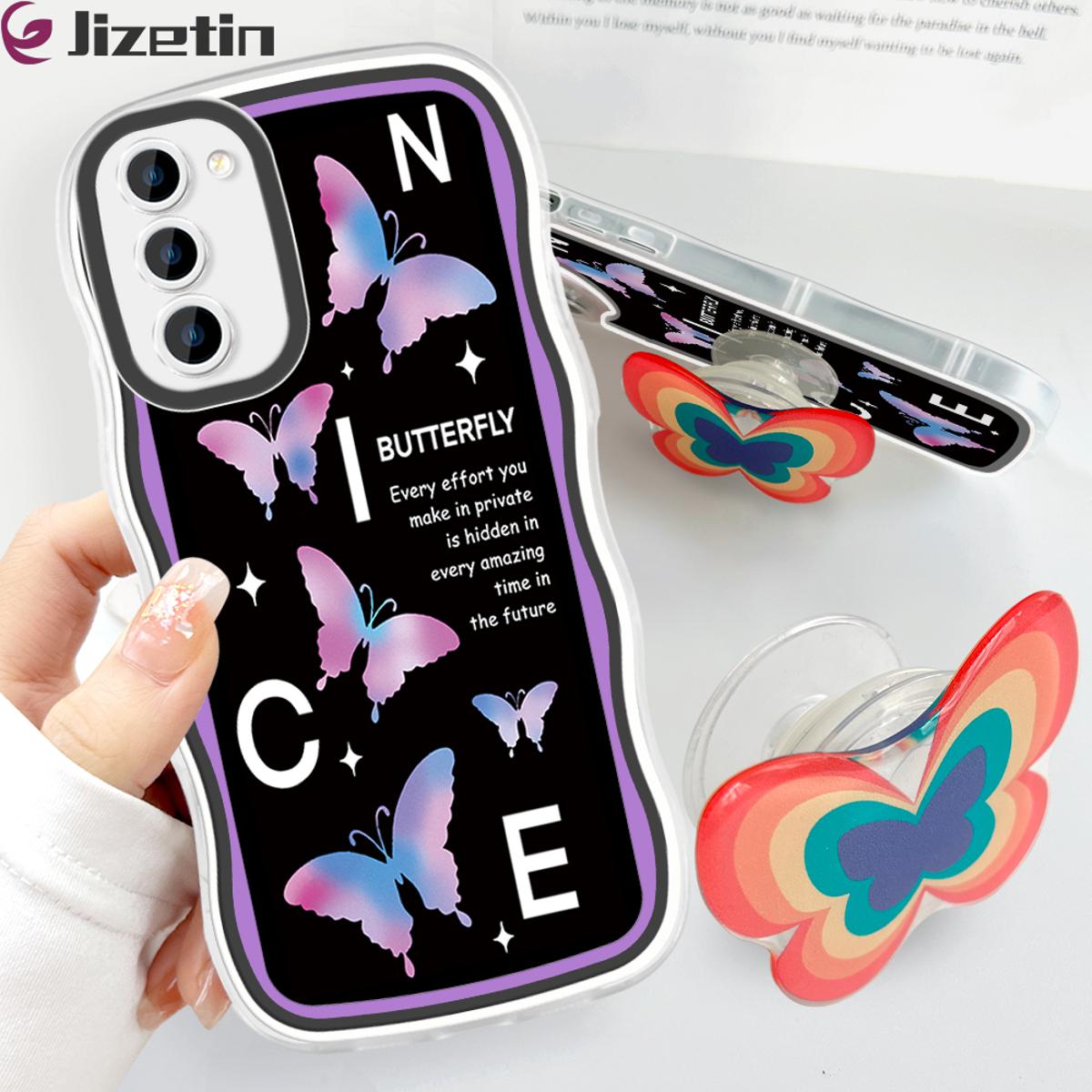 Jizetin for Samsung S21 5G Back Cover + Free Pop Socket Colorful Butterfly Soft Wavy Shape TPU Phone Case For Girls Boys