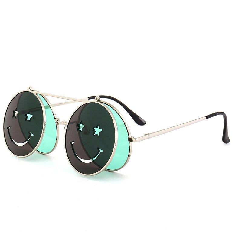 【happy one】C5Creative Flip-top Steampunk Sunglasses Women Men Shades Smiley Eyewear Fashion Showing Glasses Gifts. 