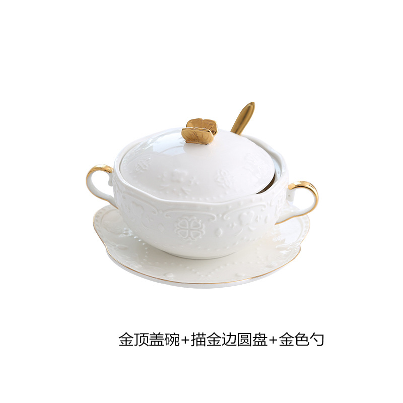 Ceramic Cubilose Bowl Dessert Bowl Double Ears with Lid Slow Cooker Tremella, a Kind of Semi-Transparent White Fungus Soup Bowl Exquisite Tureen European Porringer Tableware Zeng Wan. 