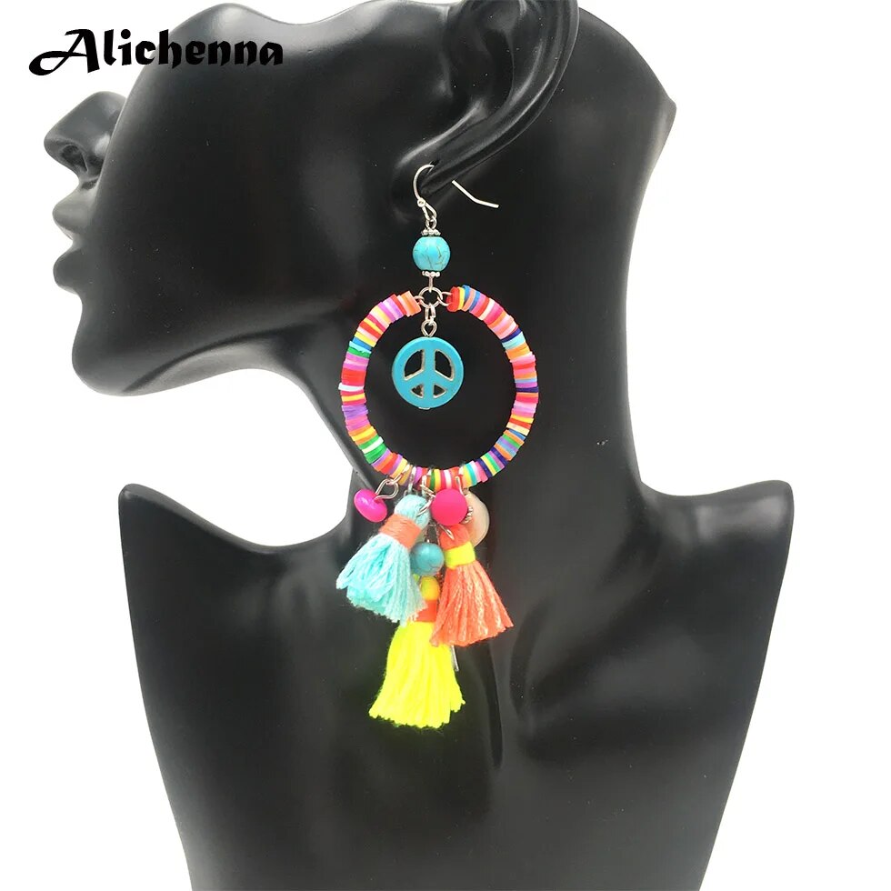 【beauty code store】Polymer Clay Beads Charms Earrings Peace Symbol Statement Boho Dangle Earrings with Tassel Colorful Summer Style. 