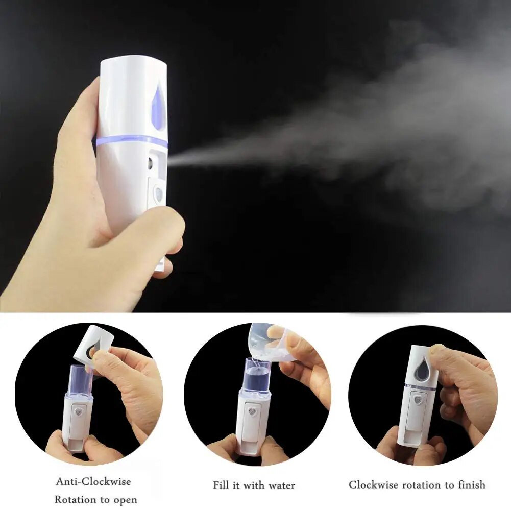 Portable Nano Facial Mister Mini Facial Steamer Atomization Eyelash Extensions with Mirror 20ml Visual Water Tank. 
