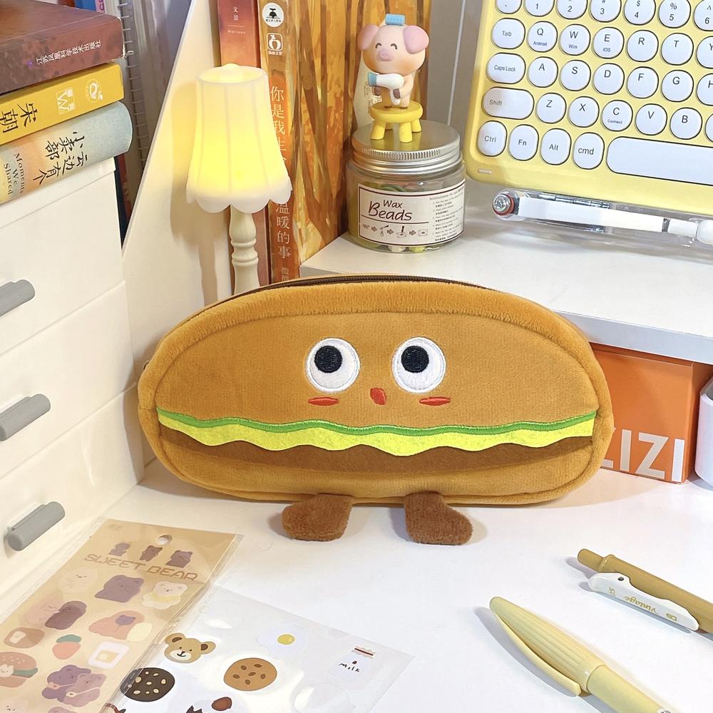 Large Capacity Burger Bun Pencil Pouch Soft Material Zippered Hamburger Shaped Pen Bag Lightweight Stationery Organizer for School Supplies Office Storage Art Tools Student Gift Writing Accessories