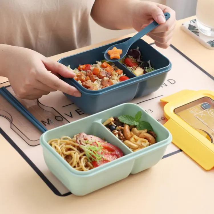 850 ML Leakproof Tiffin Box Free Spoon Chopsticks 2 Compartment Lunch Box  Lite weight Container for School Office-Yellow/Green