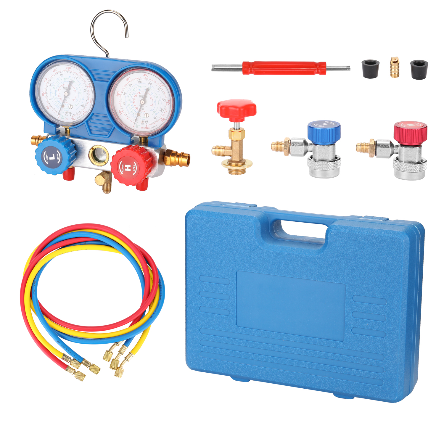 KOGEEK Manifold Dual Gauges Set Refrigeration Equipment Pressure Measuring Tool Kit with 3 Recharge Hoses. 