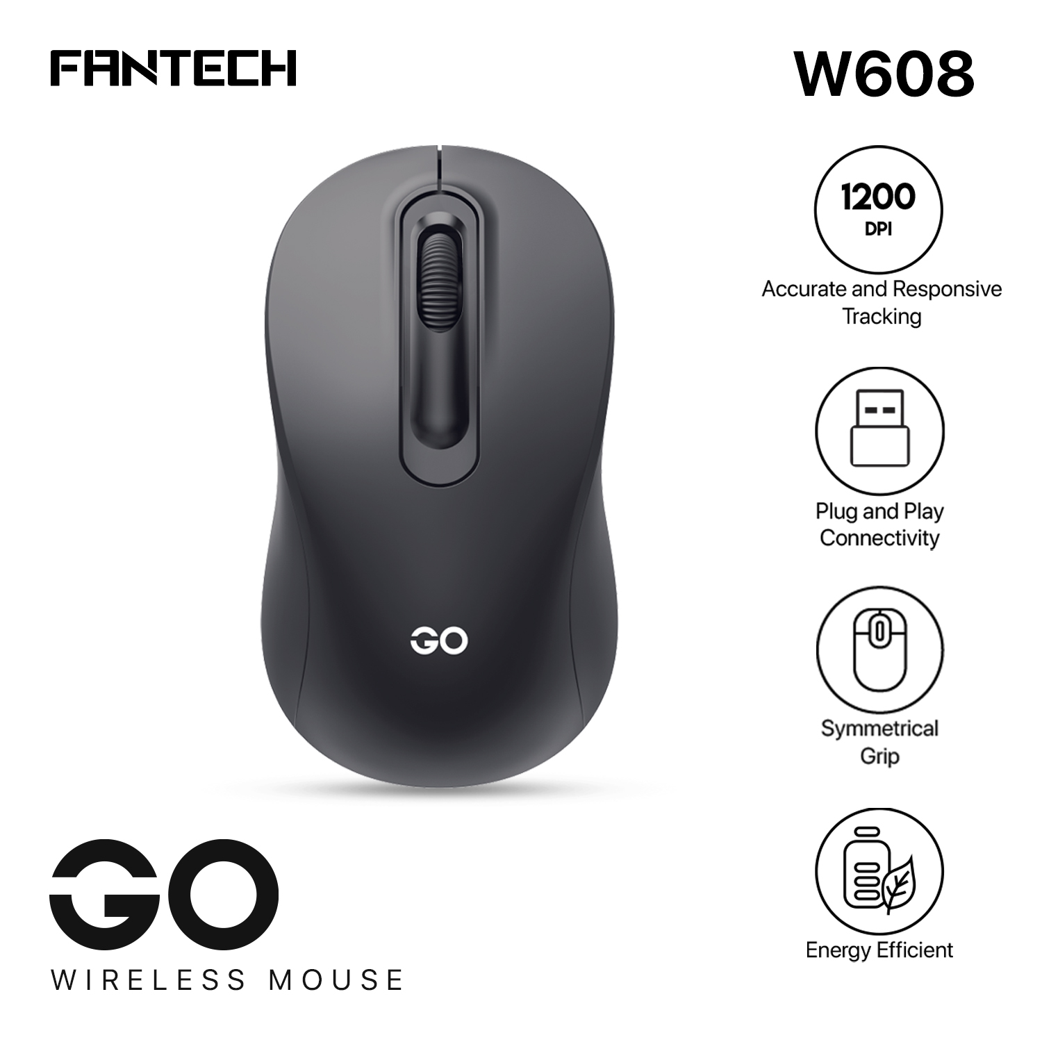 FANTECH GO W608 Wireless Mouse With 2.4GHz Wireless Connection Symmetrical Grip Adjustable DPI 1600 For Gaming Gammer Office Home AA Battery Included. 