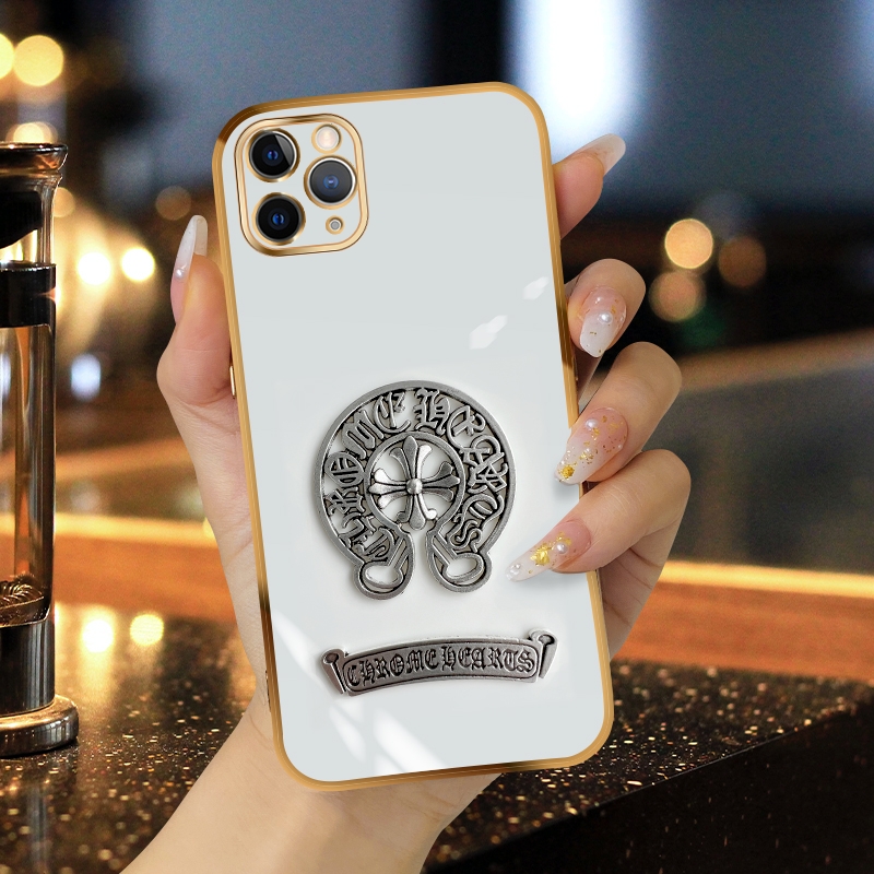 FELMYST Chrome Hearts Phone Case For iPhone 11 Pro Max Luxury Fashion Trendy Brand Metal Plating Mobile Casing Square Girl Gift Square Shockproof Back Soft  Cover
