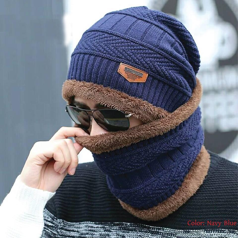 Шапка 2pcs men Winter warm Beanie Casual Thicken hat and Scarf Knit Windproof cap
