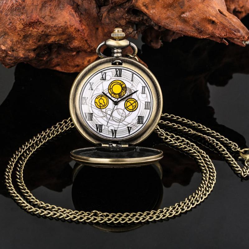 Retro Bronze Time Lord Space Exploration Design Quartz Pocket Watch Men Necklace Popular Movie Hero Cosplay Pendant Watch Chain. 