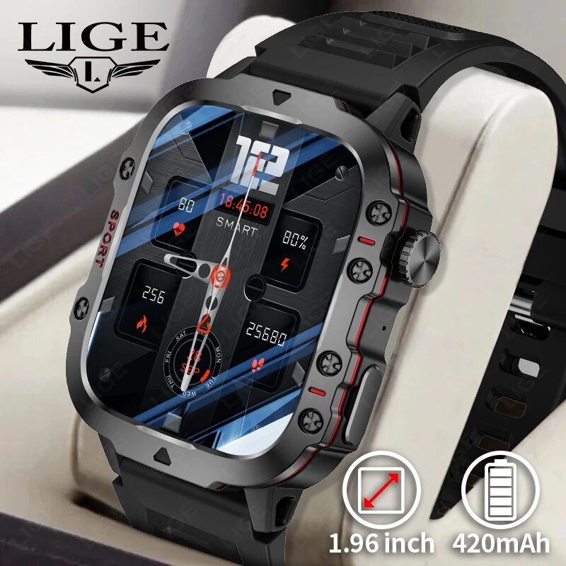 LIGE 2024 Smart Watches Men's Rugged Military Bluetooth Call Sport Heart Rate IP68 Waterproof Outdoor Smartwatch for Android IOS