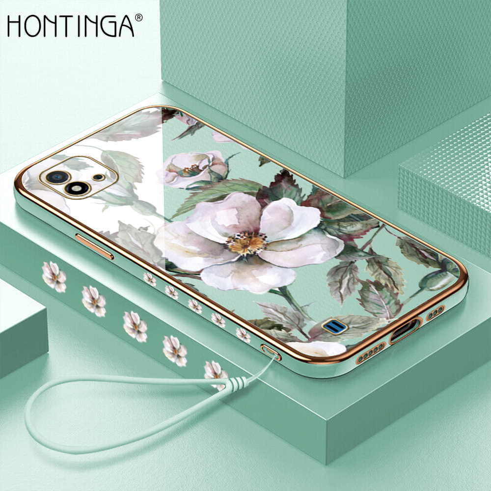 Hontinga for Realme C20 / Realme C20A / Realme C11 2021 Back Cover With Lanyard Luxury 6D Plating Shiny Flower Case Soft Silicone Square Mobile Cover