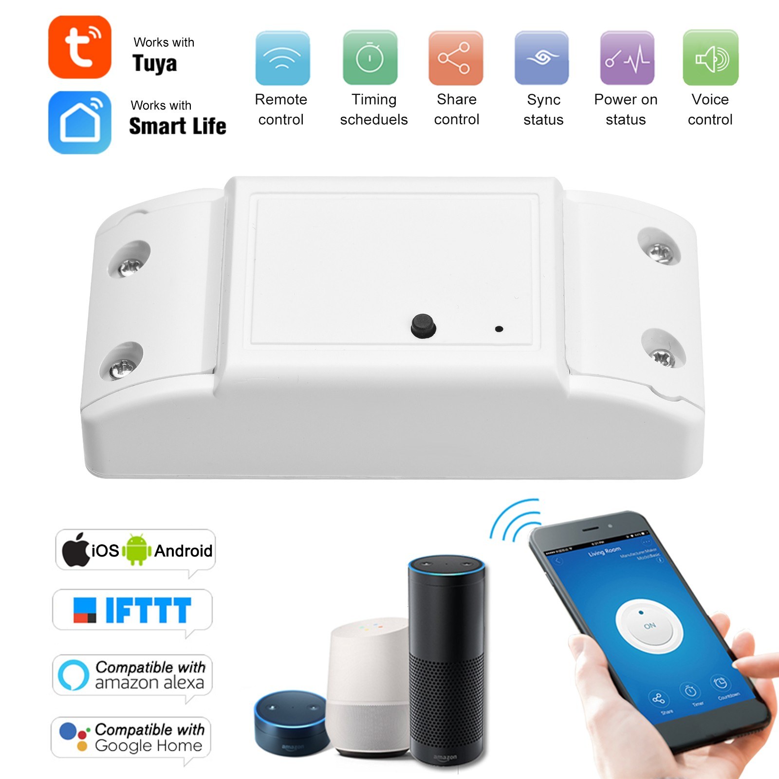 10A/2200W WiFi Smart Switch Compatible with Amazon Alexa for Google Home Timer - white. 