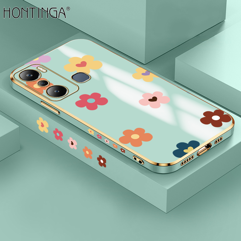 Hontinga for Infinix Hot 20i Back Cover + Free Lanyard Luxury 6D Plating Falling Flower Side Pattern Case Soft Silicone Square Phone Cases