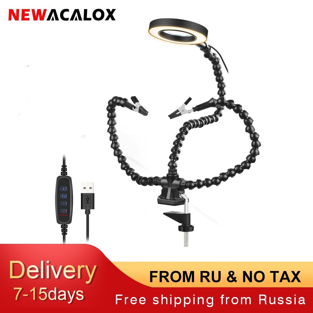 NEWACALOX Tabletop Clamp Base Helping Hands Soldering Third Hand Tool with 3X LED Illuminated Magnifying Glass PCB Board Holder. 