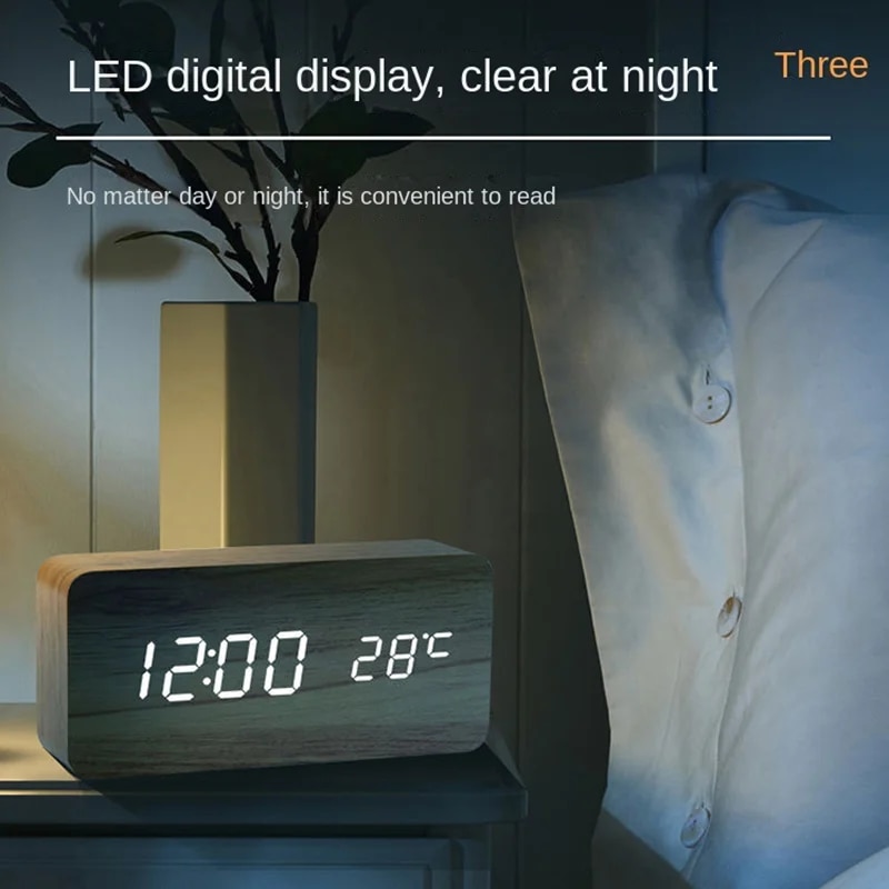LED Wooden Alarm Clock Digital Bedside Smart Alarm Clocks Electronic Desktop Square Voice Control Table Digital Clock for Room. 