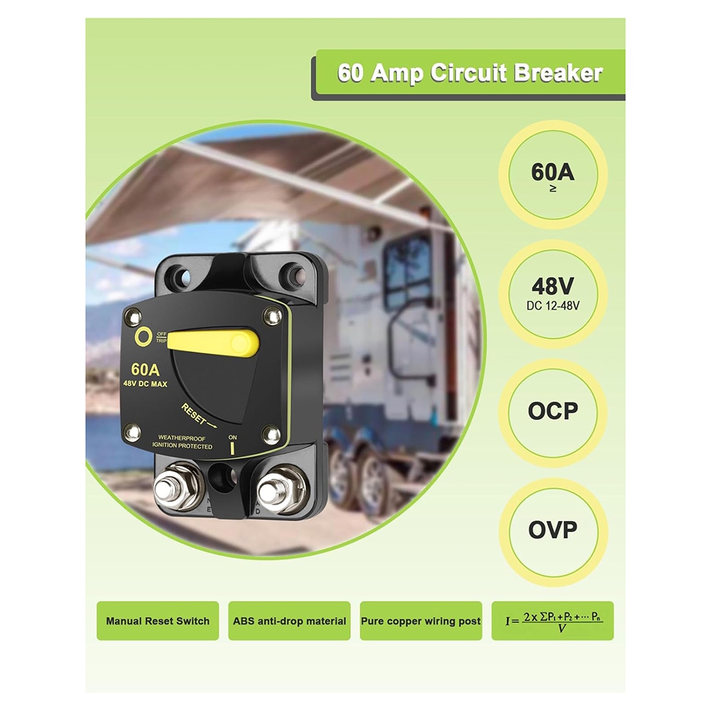 60 Amp Circuit Breaker DC 12V-48V Fuse with Manual Reset Switch. 