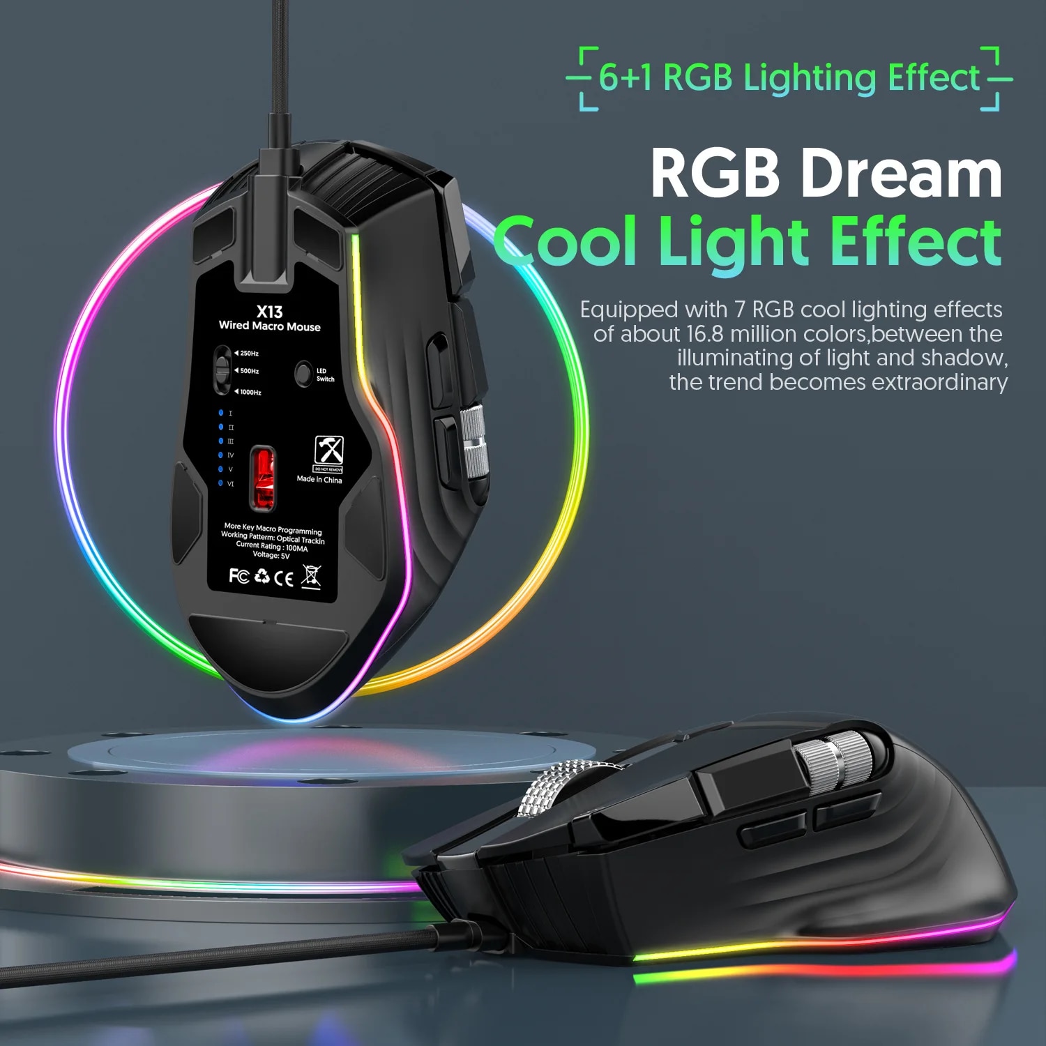 X13 Gaming Mouse Wired 2 Wheels 12400DPI 6 Level Adjustable RGB 1000Hz 10D Programmable Macro For Laptop PC Windows Mac. 