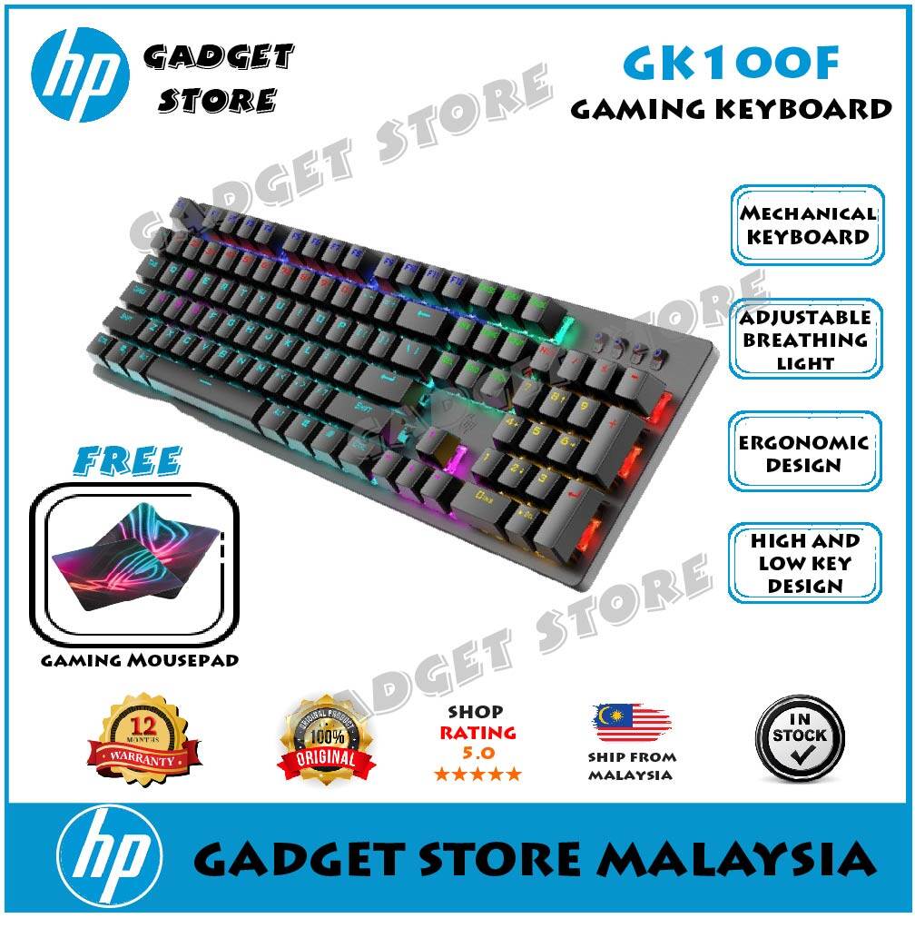 Product parameters:  Product brand: HP Product model: GK100F Keyboard type: 104 key mechanical game keyboard Connection method: USB wired Lighting effects: 20 types of lighting effects Key cap process: ABS Keyboard size: 436X129X35mm Keyboard weight: 917g. 