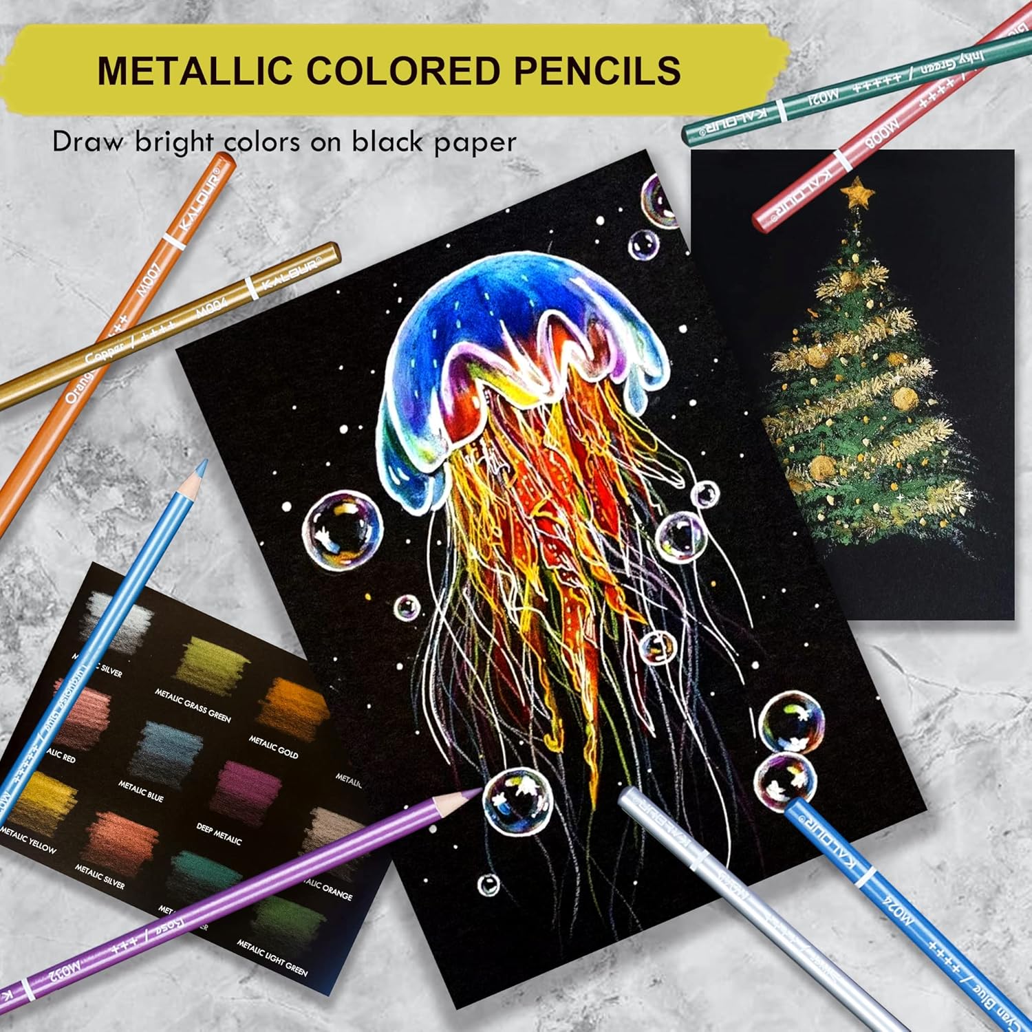 KALOUR 72 Piece Metallic Colored Pencils Soft Core with Vibrant Color Ideal for Drawing Blending Sketching Shading Coloring. 