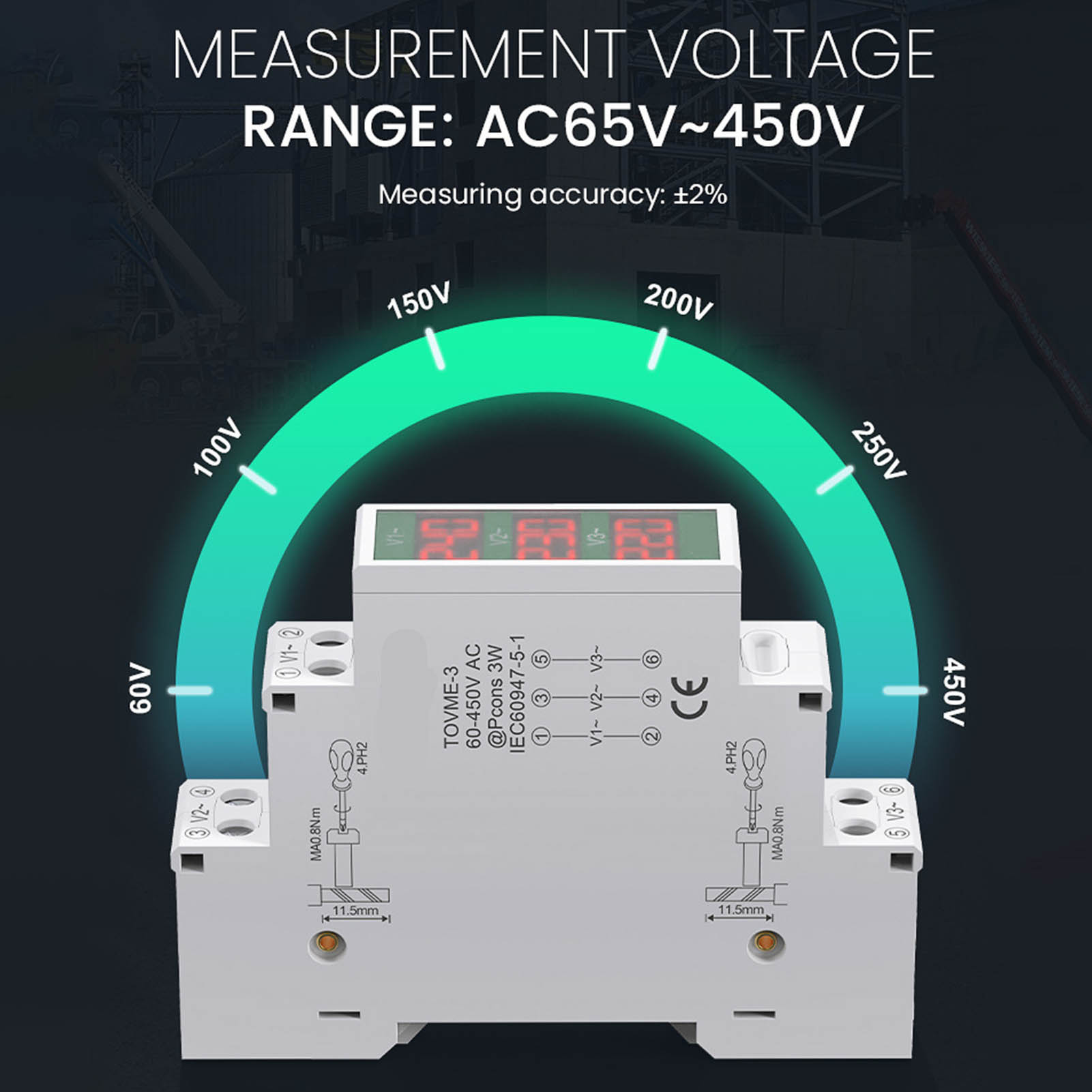 3 Phase AC Voltmeter Din Rail Mount LCD Digital Display Voltage Meter Electric Power Meter 60-450V 1pcs. 
