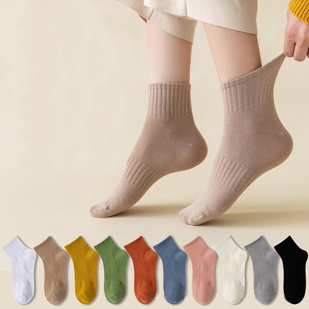 1 Pair Random Color Women Girls Simple Solid Color Ankle Socks Soft Mid-Tube Socks Casual Sweat-absorbing Non-Slip Breathable Sports Sock