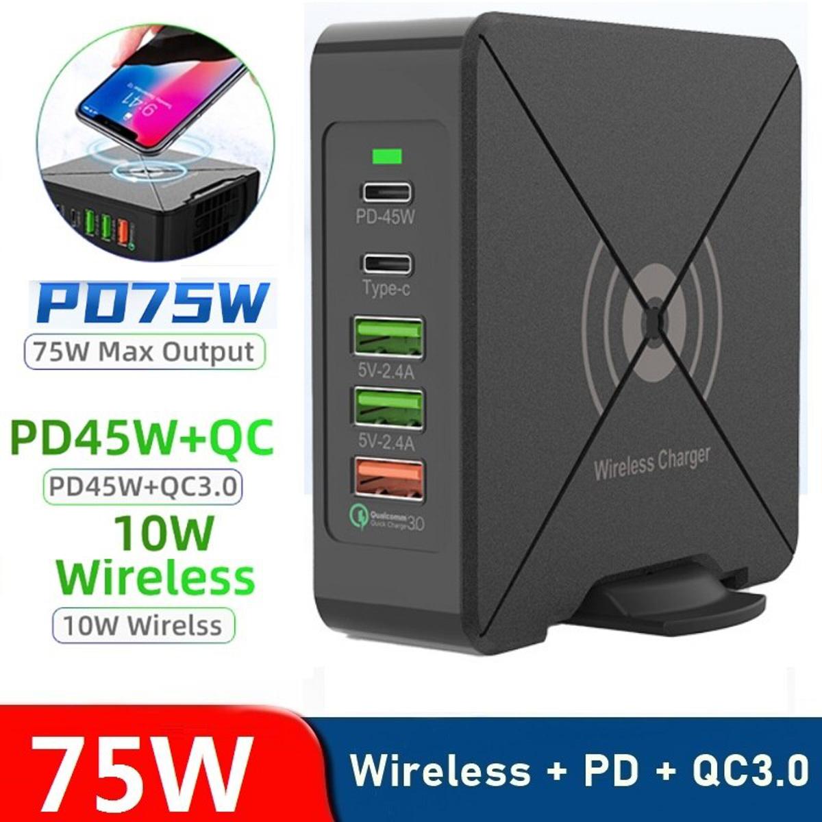 75W 5 Port USB C PD Charger Quick Charge Type C Wireless Fast Charging Travel Power Adapter with Desktop For Iphone Samsung