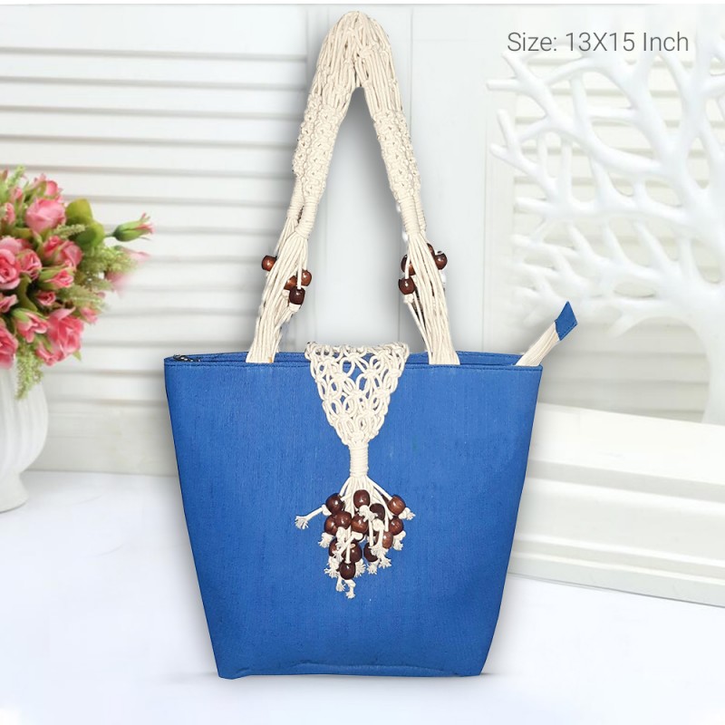 Bokul Handle Ladies Classic Bag Made by Jute - Navy Blue