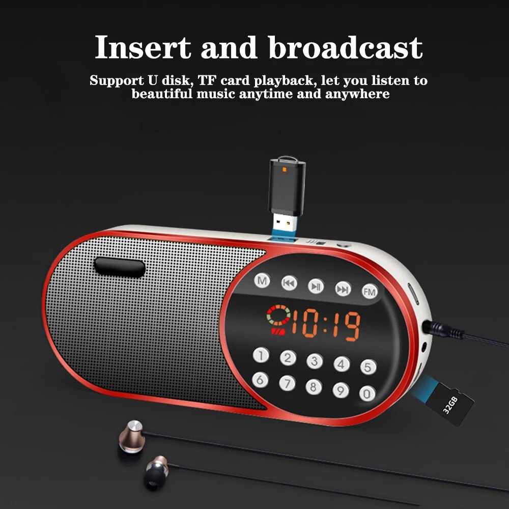 Portable Mini FM Radio Wireless Bluetooth 5.0 Speakers TF||USB||LED Flashling Function Support 3.5mm Earphone MP3 Player. 