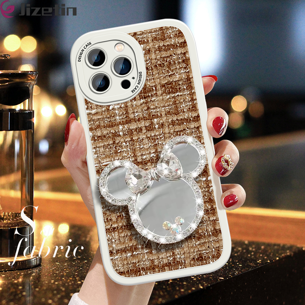Jizetin for iPhone 14 Pro Max Back Cover Shiny Bowknot Makeup Mirror Fabric Texture Back For Girls Soft Silicone Edge Phone Case