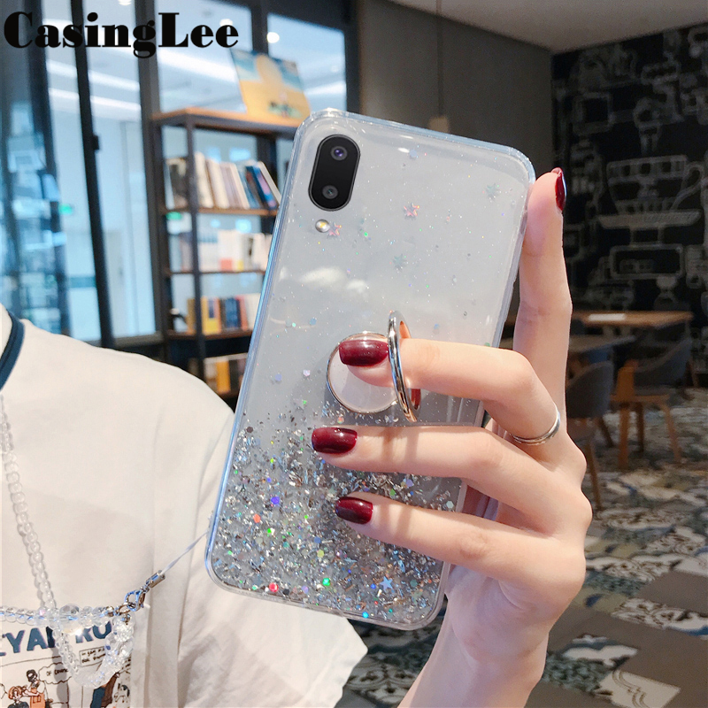 Casinglee for Samsung Galaxy A01 case Shiny Ring Glitter Soft Transparent Holder Stand Back cover with String for Samsung A01 Phone cases cover Stars Moon Girls. 