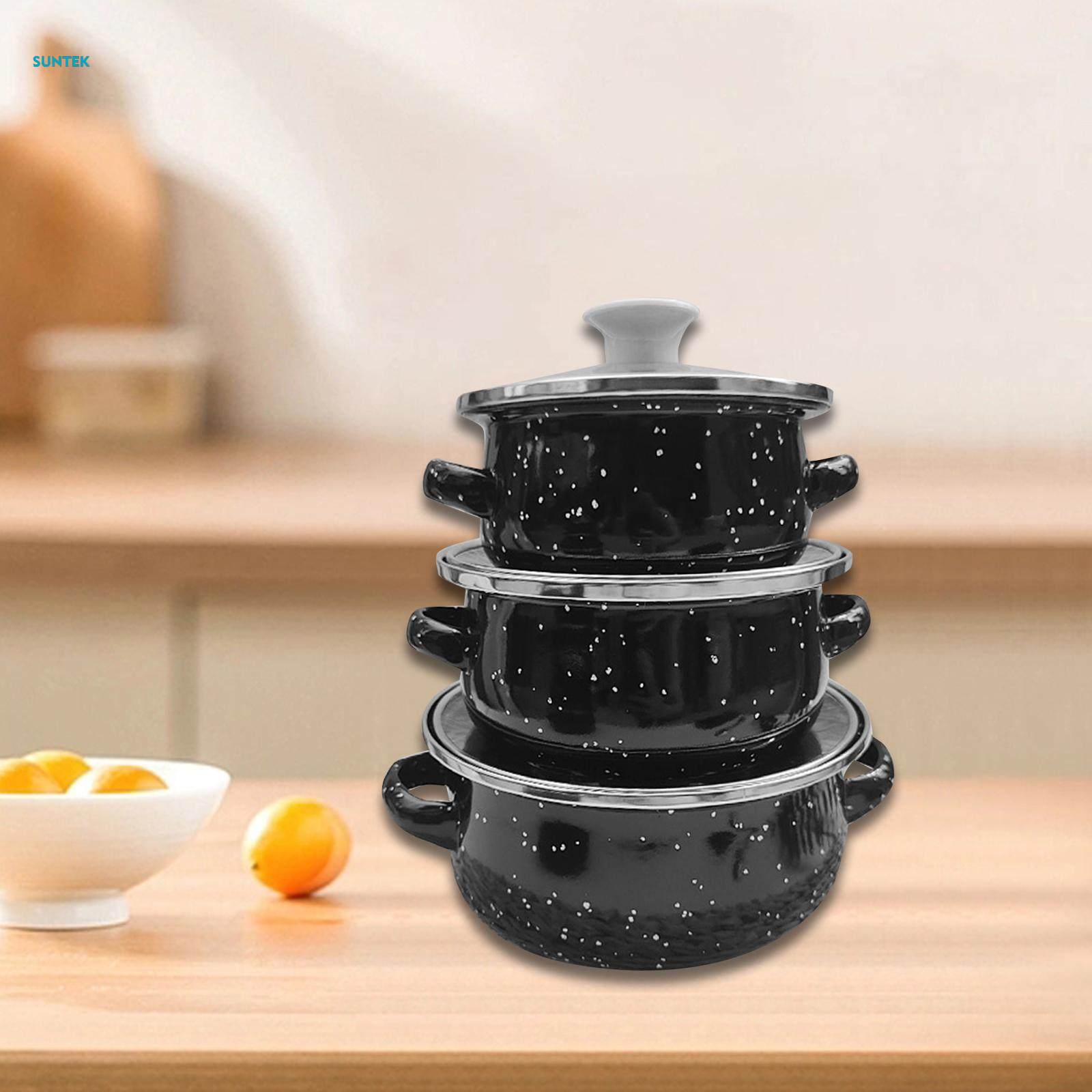 3Pcs Enamel Pot Set Enamel Cookware Set Multifuctional Accessories Double Handle Pot. 