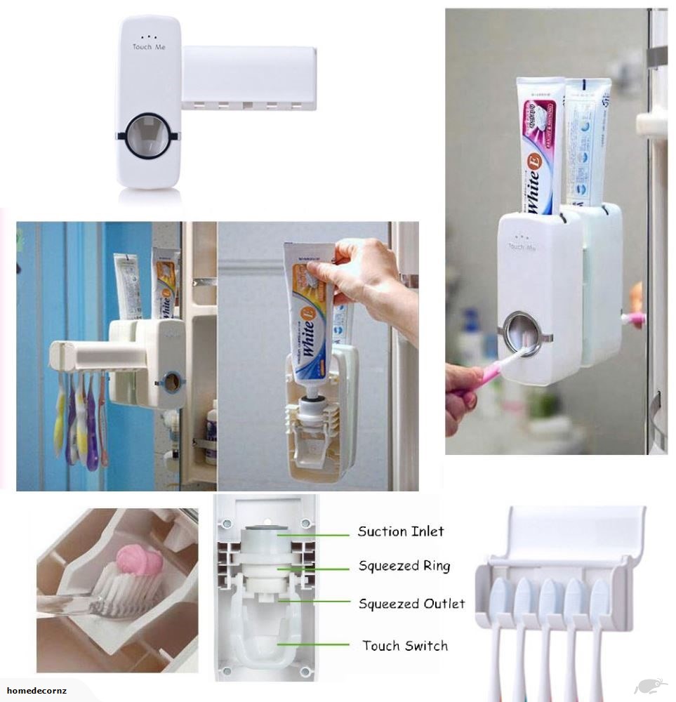 Automatic Toothpaste Dispenser and Brush Holder Set White. 