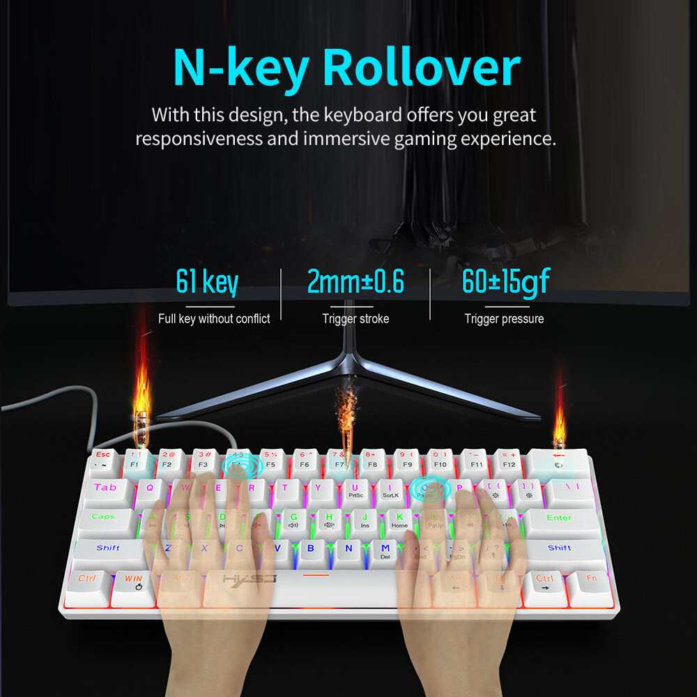 HXSJ V900 Wired 61 Keys Compact Mechanical Keyboard RGB Backlit Keyboard N-key Rollover Blue Switch Double Shot Keycaps, White. 