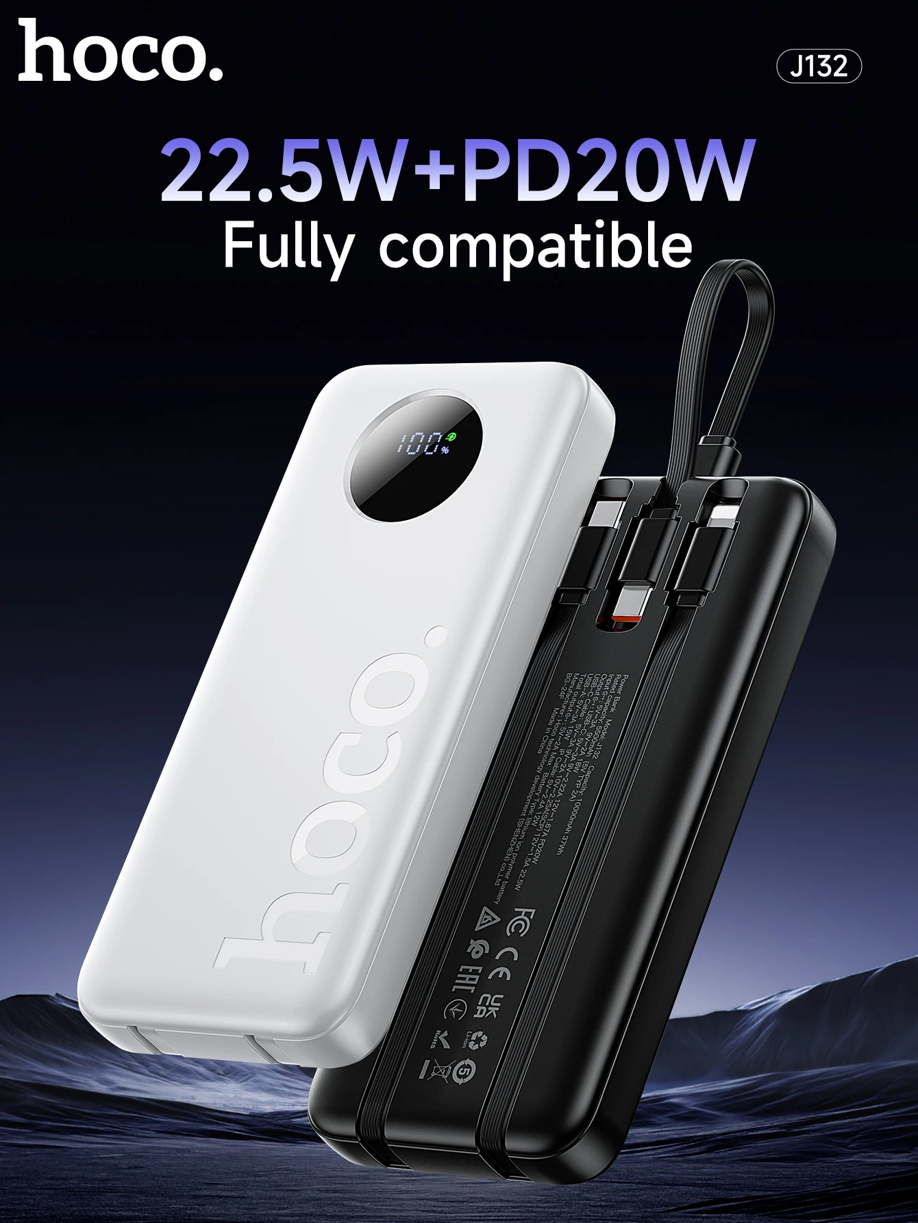HOCO J132 22.5W+PD20W Fast Charging 10000mAh Power Bank with 3 Cables Portable Extra Battery with LED Digital Display. 