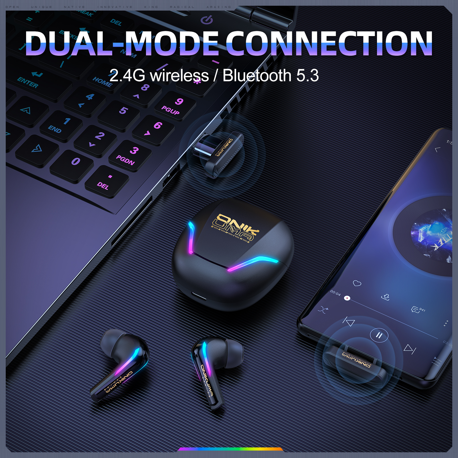 ONIKUMA T27 Wireless Headphone with Independent Connection RGB Light Earphone with Touch Control Gaming Headset for PC PS4 XBOX. 